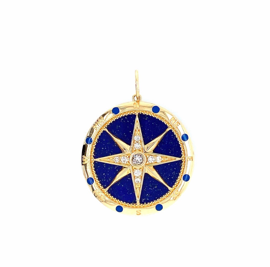 14K Gold Lapis Compass Coin Diamond Necklace Charm