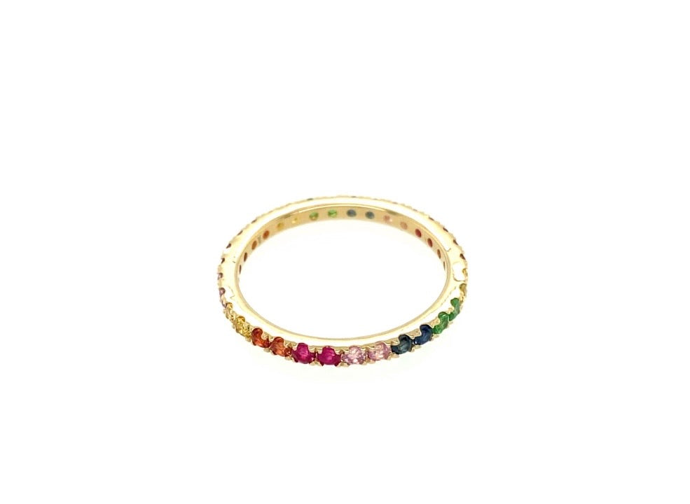14k yellow gold multi color semi precious gemstone eternity band.