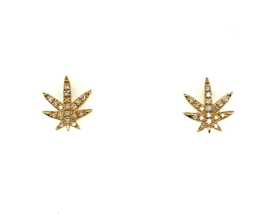 14k yellow gold with diamonds. Cannabis studs.