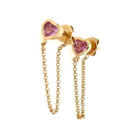 Bezel Set Pink Sapphire Heart Chain Earrings