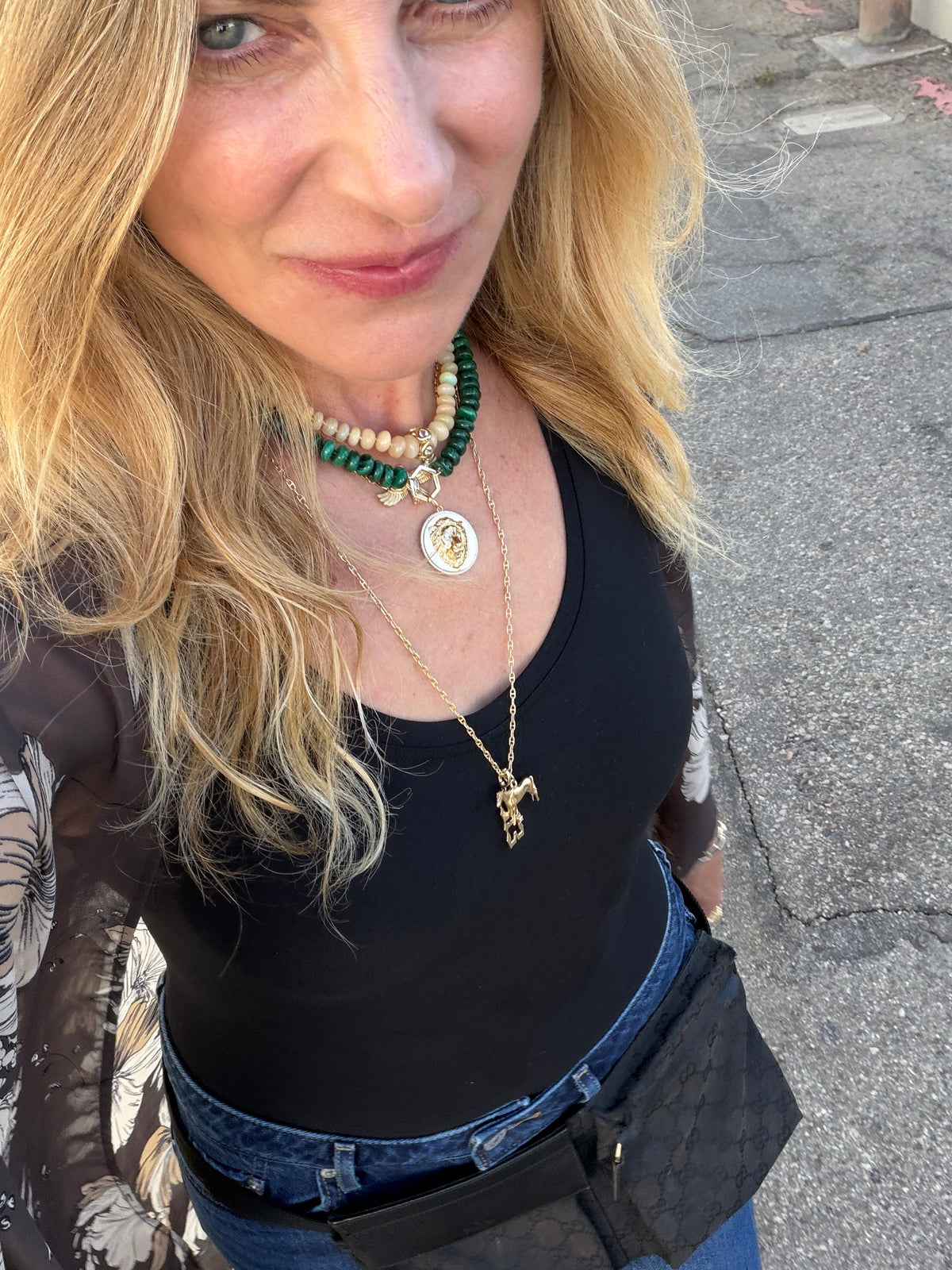 14k Gold Malachite Bead Hexagon Enhancer Necklace