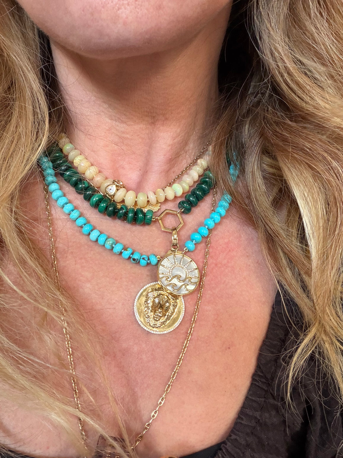 14k Gold Malachite Bead Hexagon Enhancer Necklace