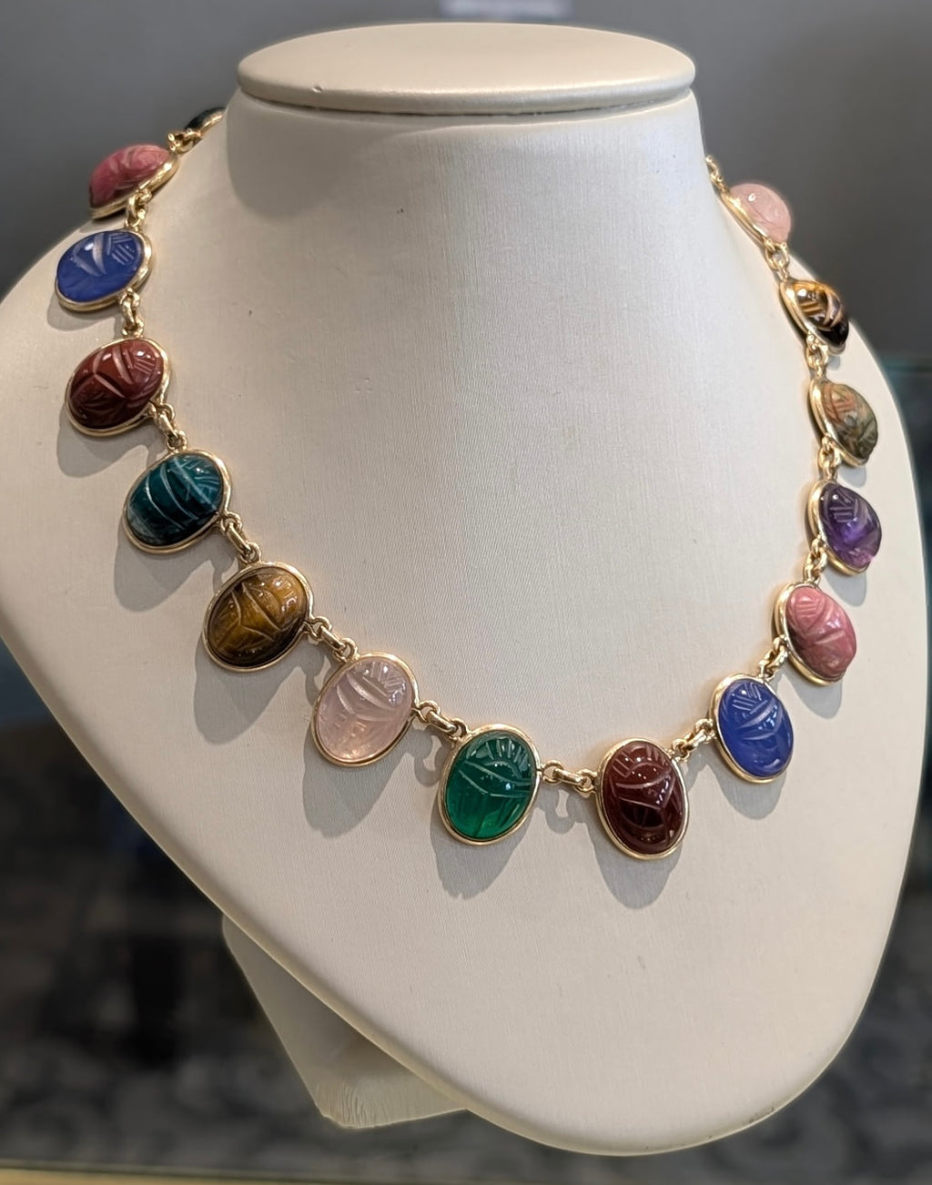 A one-of-a-kind mid-century vintage scarab necklace, circa 1960s–70s