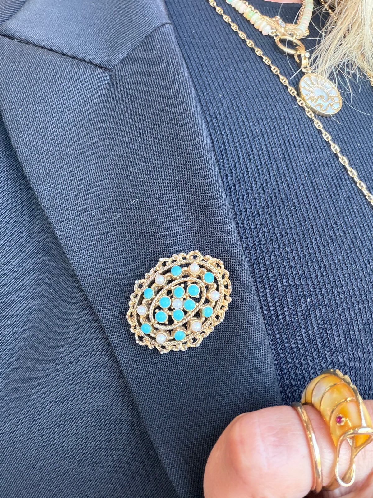 Vintage Paris Turquoise & Pearl Brooch