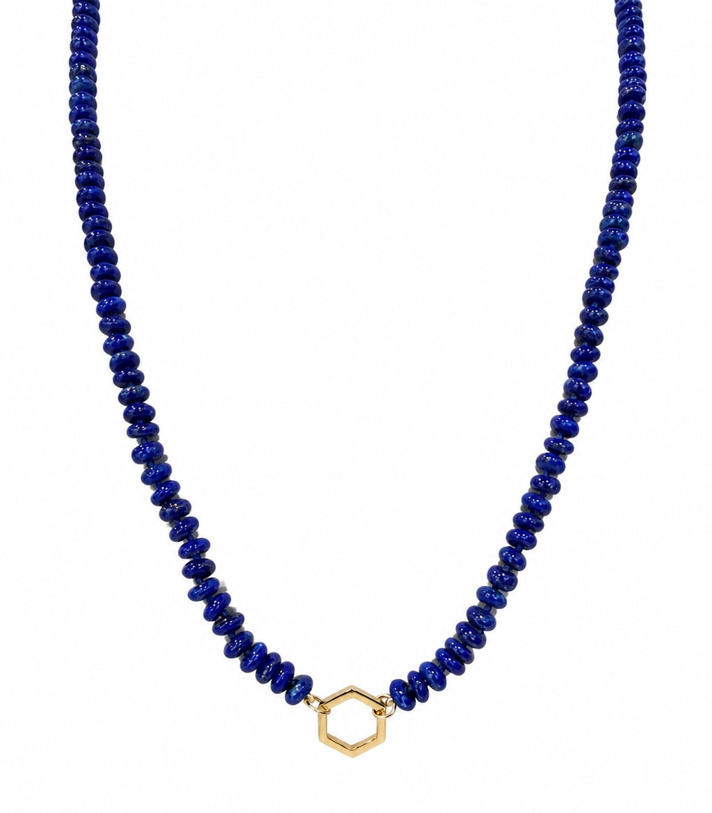 14K Lapis Beads Hexagon Necklace