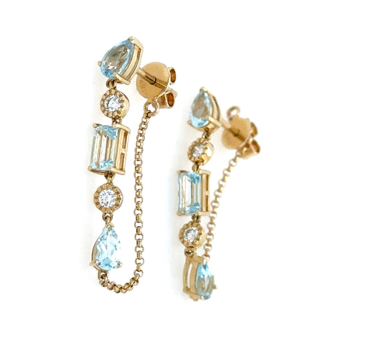 Pear and Emerald Cut Blue Topaz and Diamond Chain Earring