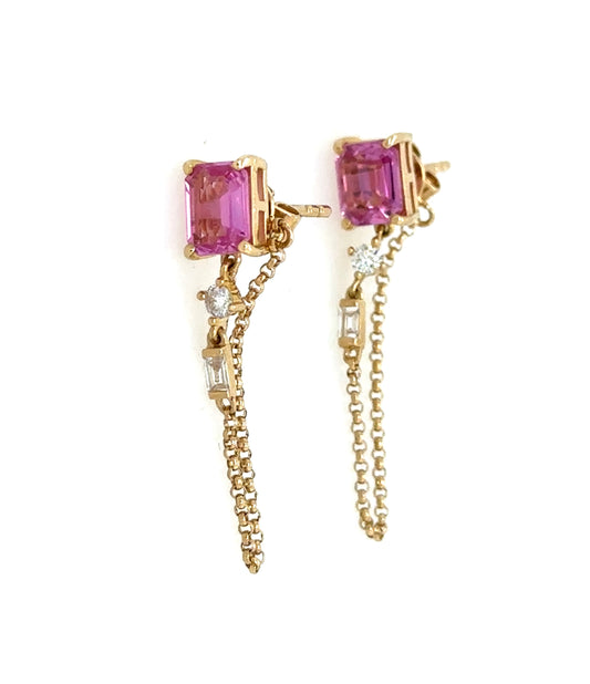 Pink Sapphire and Diamond Dangle Chain Earrings