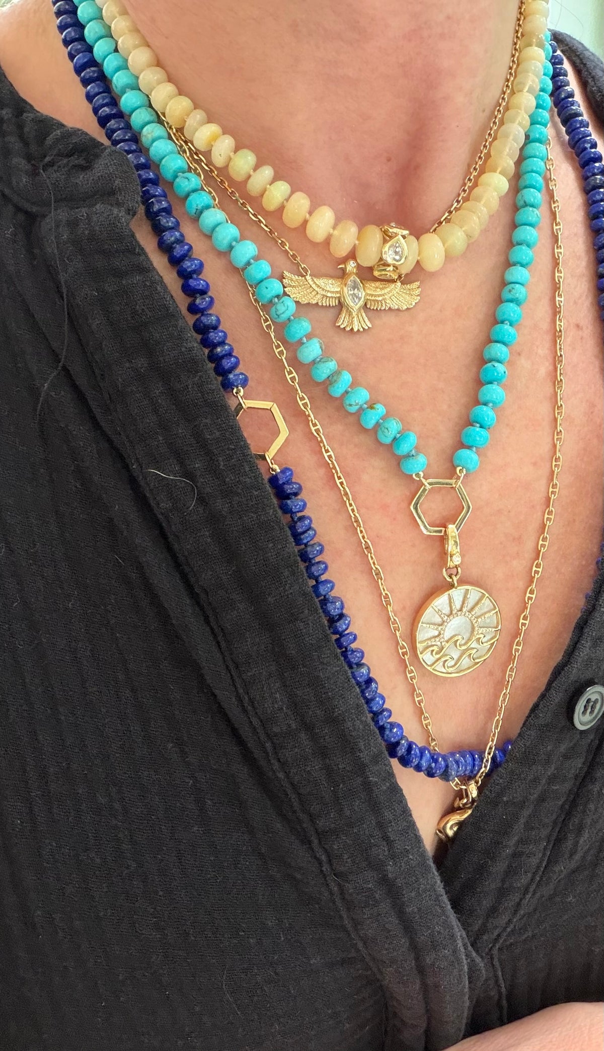 14k Turquoise Bead Hexagon Necklace
