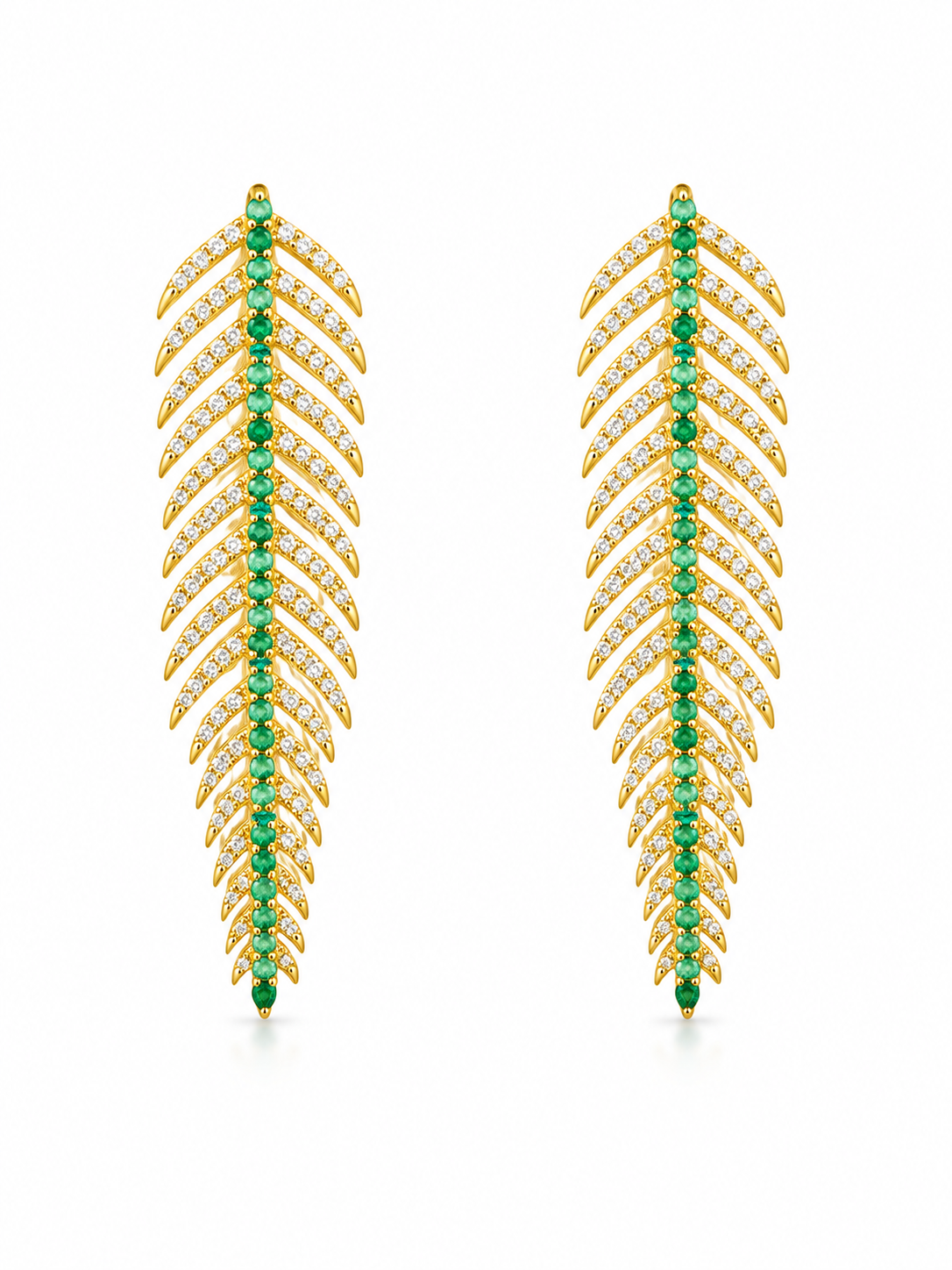14k Emerald & Diamond Feather Earrings