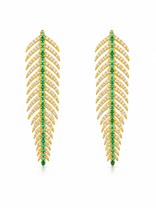 14k Emerald & Diamond Feather Earrings