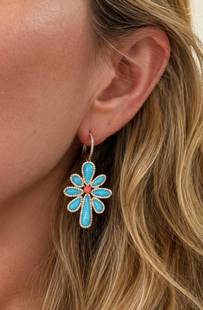 14k Coral & Turquoise Flower Drop Earrings