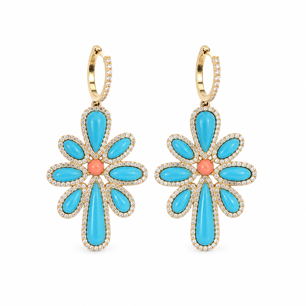 14k Coral & Turquoise Flower Drop Earrings