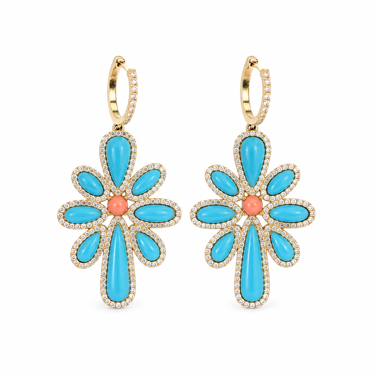 14k Coral & Turquoise Flower Drop Earrings