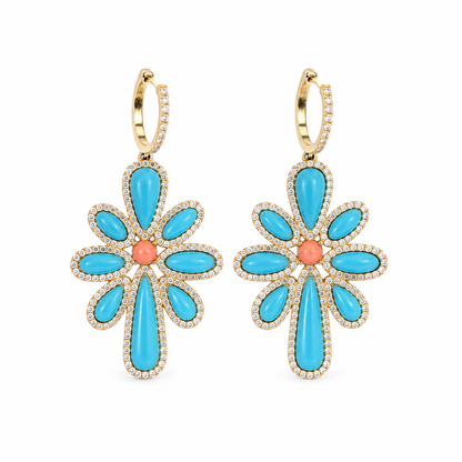 14k Coral & Turquoise Flower Drop Earrings