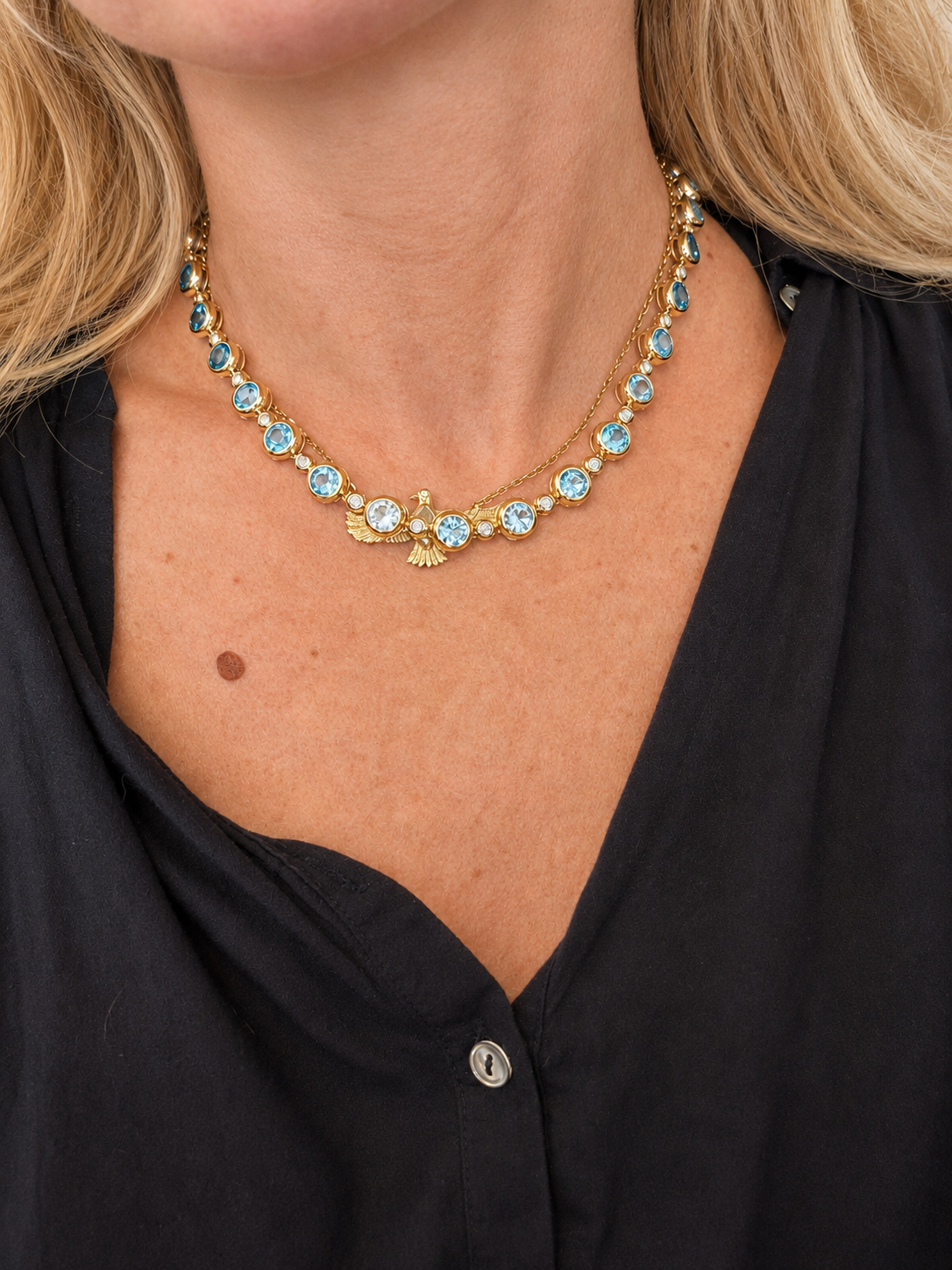 14K Blue Topaz & Diamond Tennis Necklace