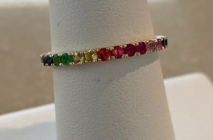 14k yellow gold multi color semi precious gemstone eternity band.