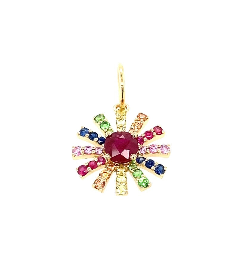 Multi color gemstone flower with a beautiful Ruby in the center
