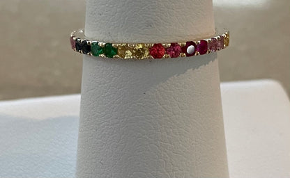 14k yellow gold multi color semi precious gemstone eternity band.