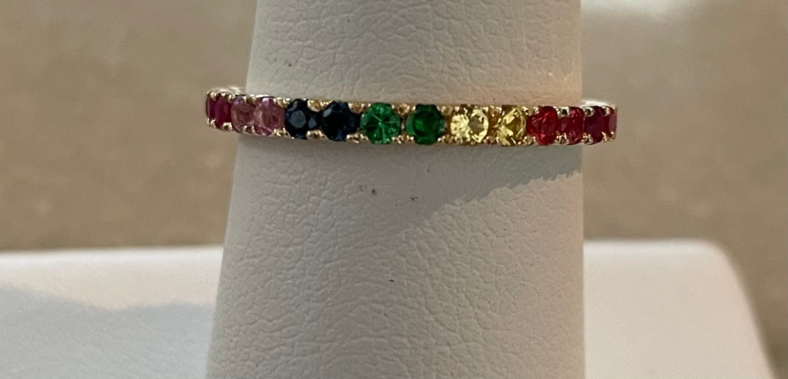 14k yellow gold multi color semi precious gemstone eternity band.